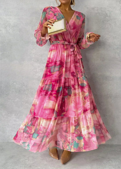 Violetta - Sommer-Wickelkleid mit Blumen für Damen, mit Gürtel und langen Ärmeln