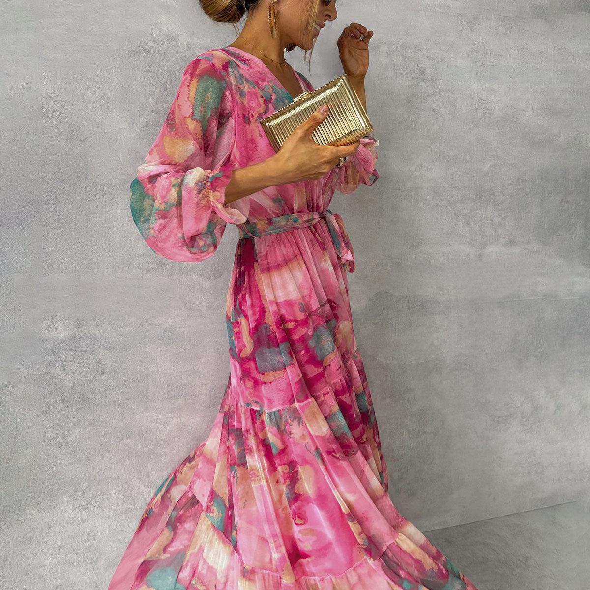 Violetta - Sommer-Wickelkleid mit Blumen für Damen, mit Gürtel und langen Ärmeln