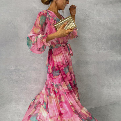 Violetta - Sommer-Wickelkleid mit Blumen für Damen, mit Gürtel und langen Ärmeln