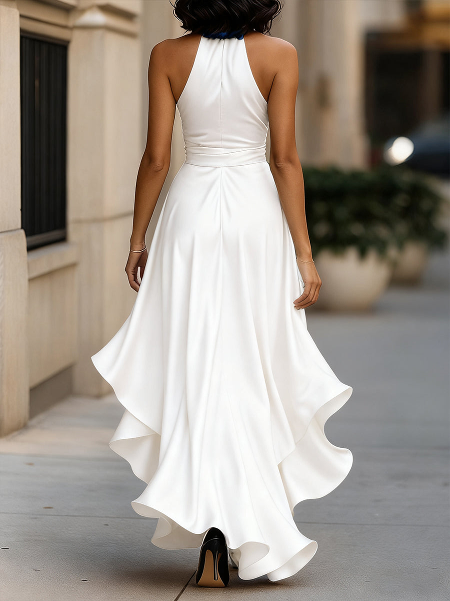 Delyra - Satin-Rüschenskleid, Rückenfrei, Mitternachts-Eleganz