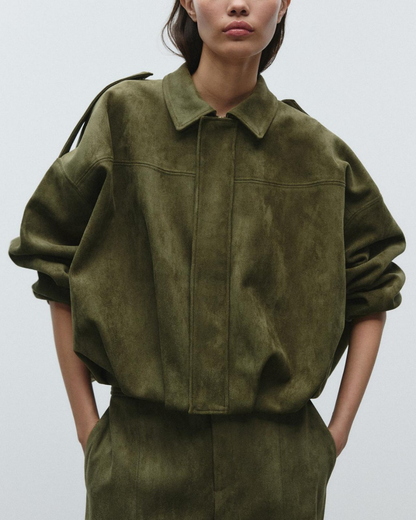 Esméline - Elegante Oversize Frühlingsjacke aus Wildlederimitat und Kunstleder mit Kragen und Reißverschluss für Damen