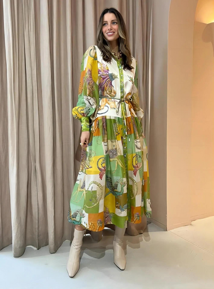 Boho-Maxikleid mit kunstvollem Print für Damen – Elegantes Hemdblusenkleid mit Bindegürtel