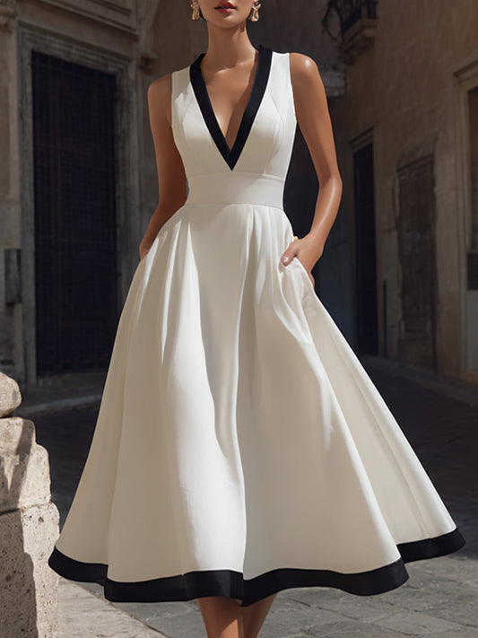 Adorine - Elegantes Midi-Kleid mit V-Ausschnitt, A-Linie, Kontrastbesatz und Taschen
