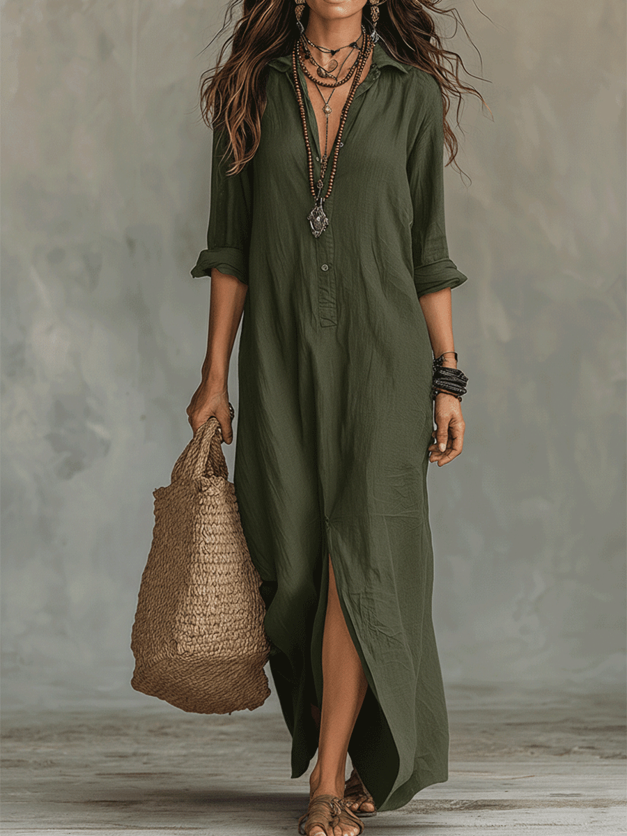 Lässiges Maxikleid mit Knopfleiste für Damen – Lockeres Hemdblusenkleid im Boho-Stil