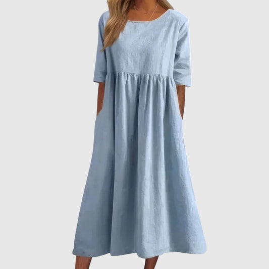 Séphira - Elegantes, Bequemes und Leichtes Kleid für Frühling und Sommer, mit 3/4-Ärmeln und Rundhalsausschnitt, in Einfarbig