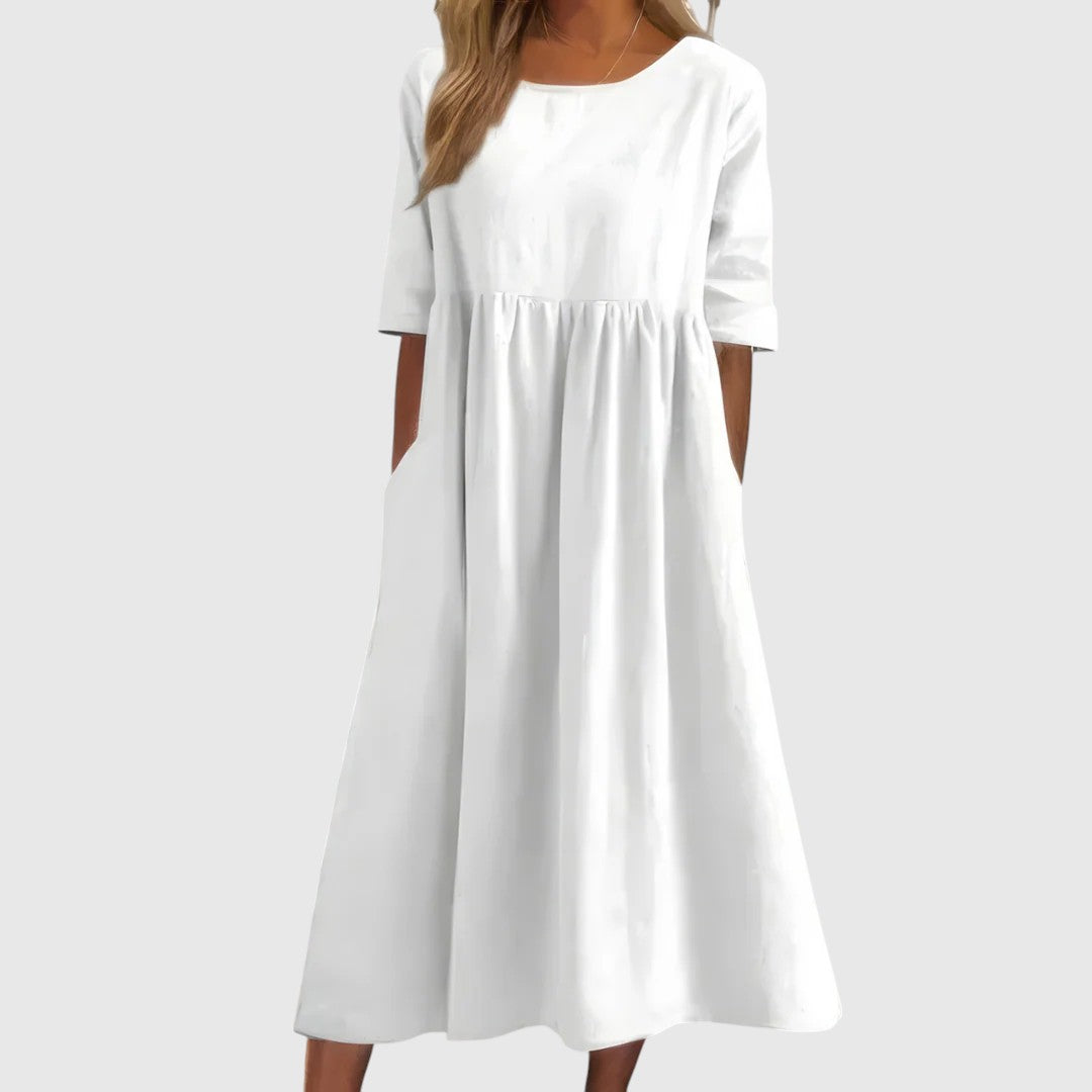 Séphira - Elegantes, Bequemes und Leichtes Kleid für Frühling und Sommer, mit 3/4-Ärmeln und Rundhalsausschnitt, in Einfarbig