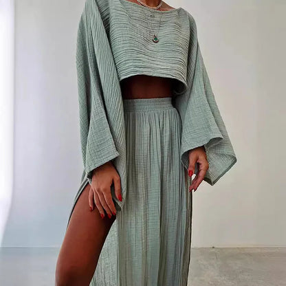 Alizenne - Leichtes und Elegantes Sommerensemble aus Leinen für den Urlaub, bestehend aus einem Langarm-Crop-Top mit weitem Schnitt und einem Maxi-Rock mit doppeltem seitlichen Schlitz