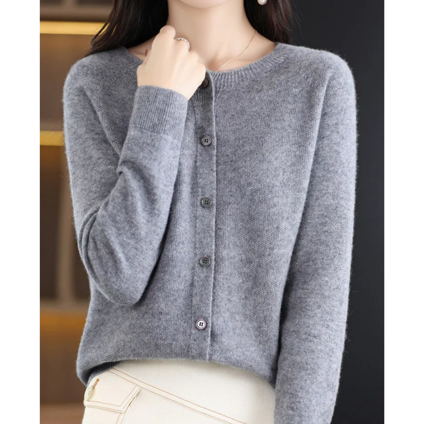 Bérélie - Damen-Cardigan mit Bootsausschnitt aus reiner Merinowolle, Cashmere-Stil, einfarbig