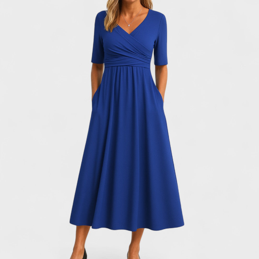 Aveline - Bequemes Langkleid für den Frühling und Sommer, mit Wickeleffekt und halblangen Ärmeln, einfarbig