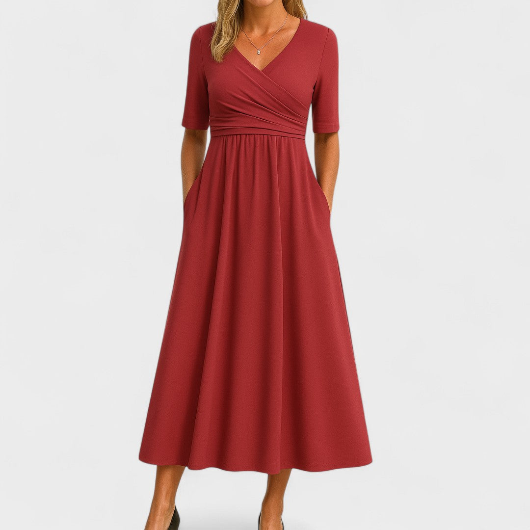 Aveline - Bequemes Langkleid für den Frühling und Sommer, mit Wickeleffekt und halblangen Ärmeln, einfarbig