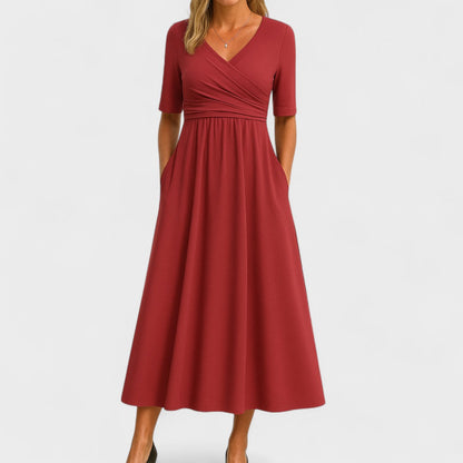 Aveline - Bequemes Langkleid für den Frühling und Sommer, mit Wickeleffekt und halblangen Ärmeln, einfarbig