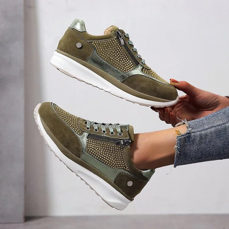 Ysaline - Ergonomische, Bequeme und Elegante Sneakers für Lange Spaziergänge und City-Trips mit Glänzenden Schnürsenkeln und Reißverschluss
