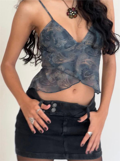 Vaïone - Asymmetrisches Mesh Crop-Top für Frauen mit V-Ausschnitt und feinen Spaghettiträgern