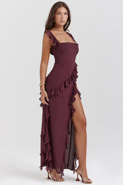 Évanya - Elegantes Maxikleid mit Cascading Rüschendetail und Hohem Schlitz