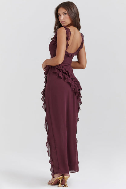 Évanya - Elegantes Maxikleid mit Cascading Rüschendetail und Hohem Schlitz