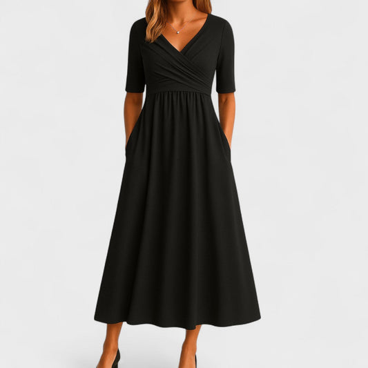Aveline - Bequemes Langkleid für den Frühling und Sommer, mit Wickeleffekt und halblangen Ärmeln, einfarbig