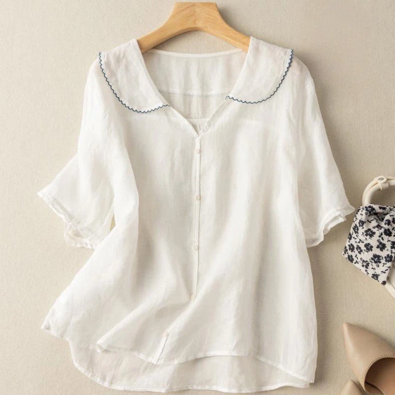 Leichte Sommerbluse Damen mit Kragen – Luftige Kurzarm Bluse aus Leinen-Look