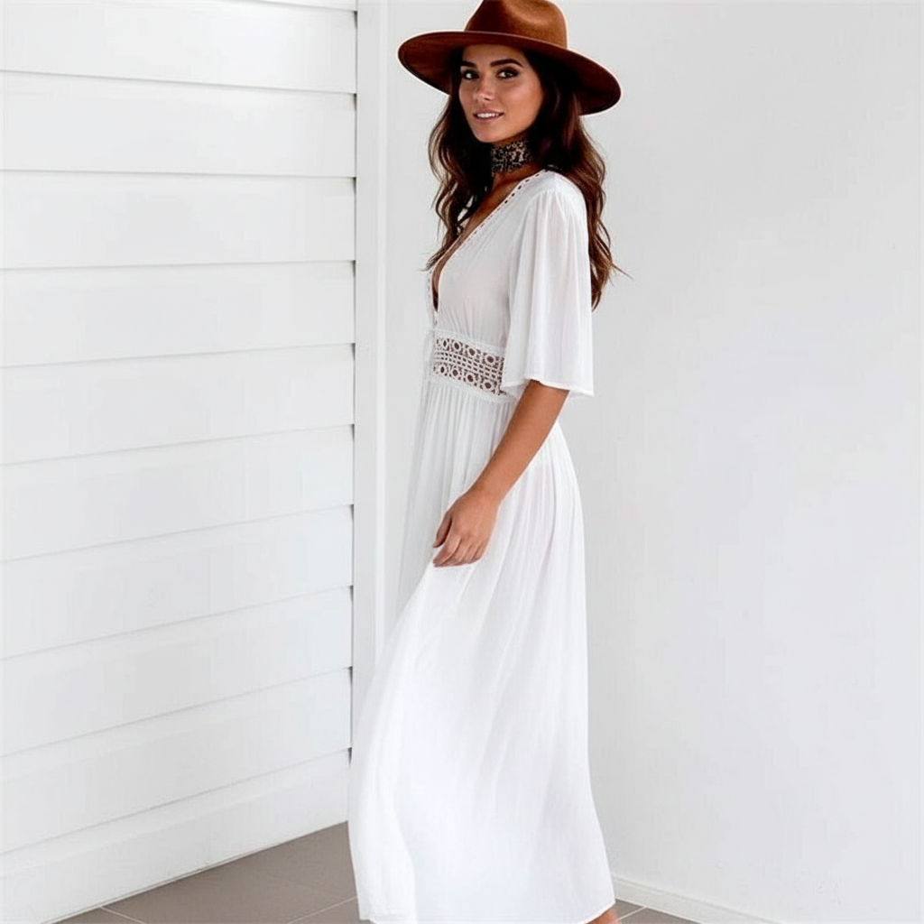 Faëline - Unverzichtbar im Sommer | Weißes Leinen Cover-up Kleid mit V-Ausschnitt, Häkel-Taille und Dreiviertelärmeln