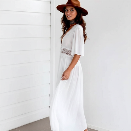 Faëline - Unverzichtbar im Sommer | Weißes Leinen Cover-up Kleid mit V-Ausschnitt, Häkel-Taille und Dreiviertelärmeln