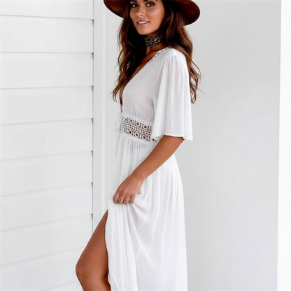 Faëline - Unverzichtbar im Sommer | Weißes Leinen Cover-up Kleid mit V-Ausschnitt, Häkel-Taille und Dreiviertelärmeln