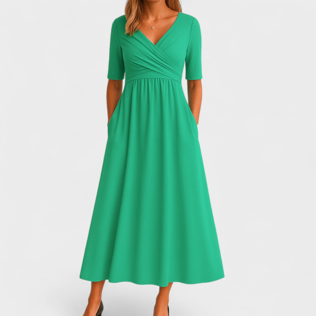 Aveline - Bequemes Langkleid für den Frühling und Sommer, mit Wickeleffekt und halblangen Ärmeln, einfarbig