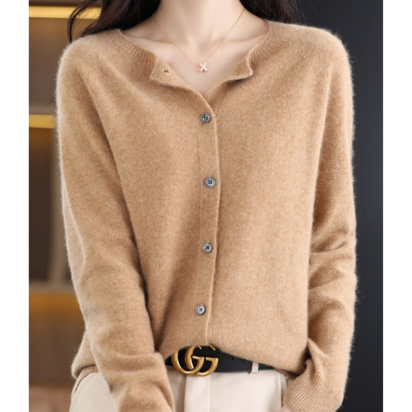 Bérélie - Damen-Cardigan mit Bootsausschnitt aus reiner Merinowolle, Cashmere-Stil, einfarbig