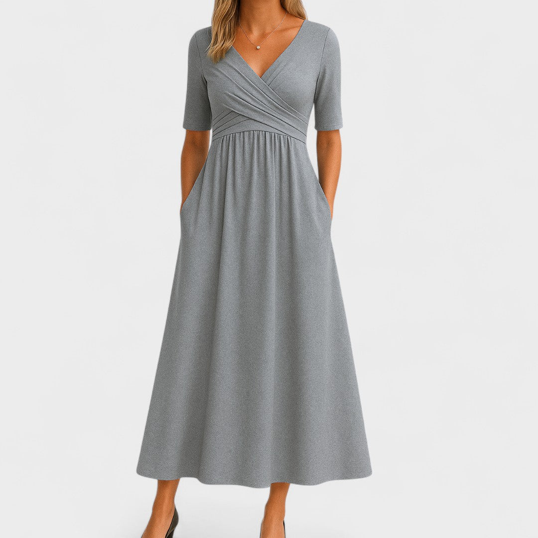 Aveline - Bequemes Langkleid für den Frühling und Sommer, mit Wickeleffekt und halblangen Ärmeln, einfarbig