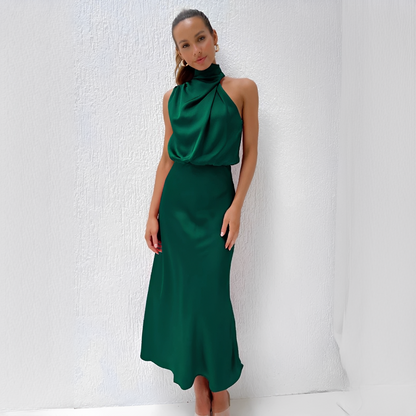 Aurivine - Elegantes Langarm-Seidenkleid mit Halterneck und Taillierung | Setzen Sie Akzente in diesem Frühling und Sommer