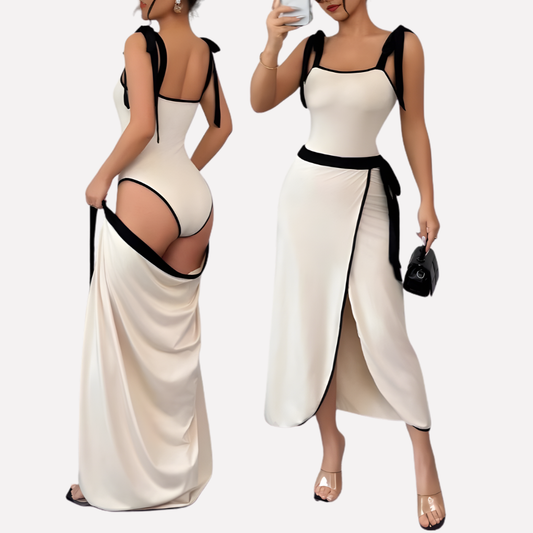 Elegantes Damen Midikleid mit Kontrastdetails – Figurbetontes Kleid mit Schlitz & Schleife