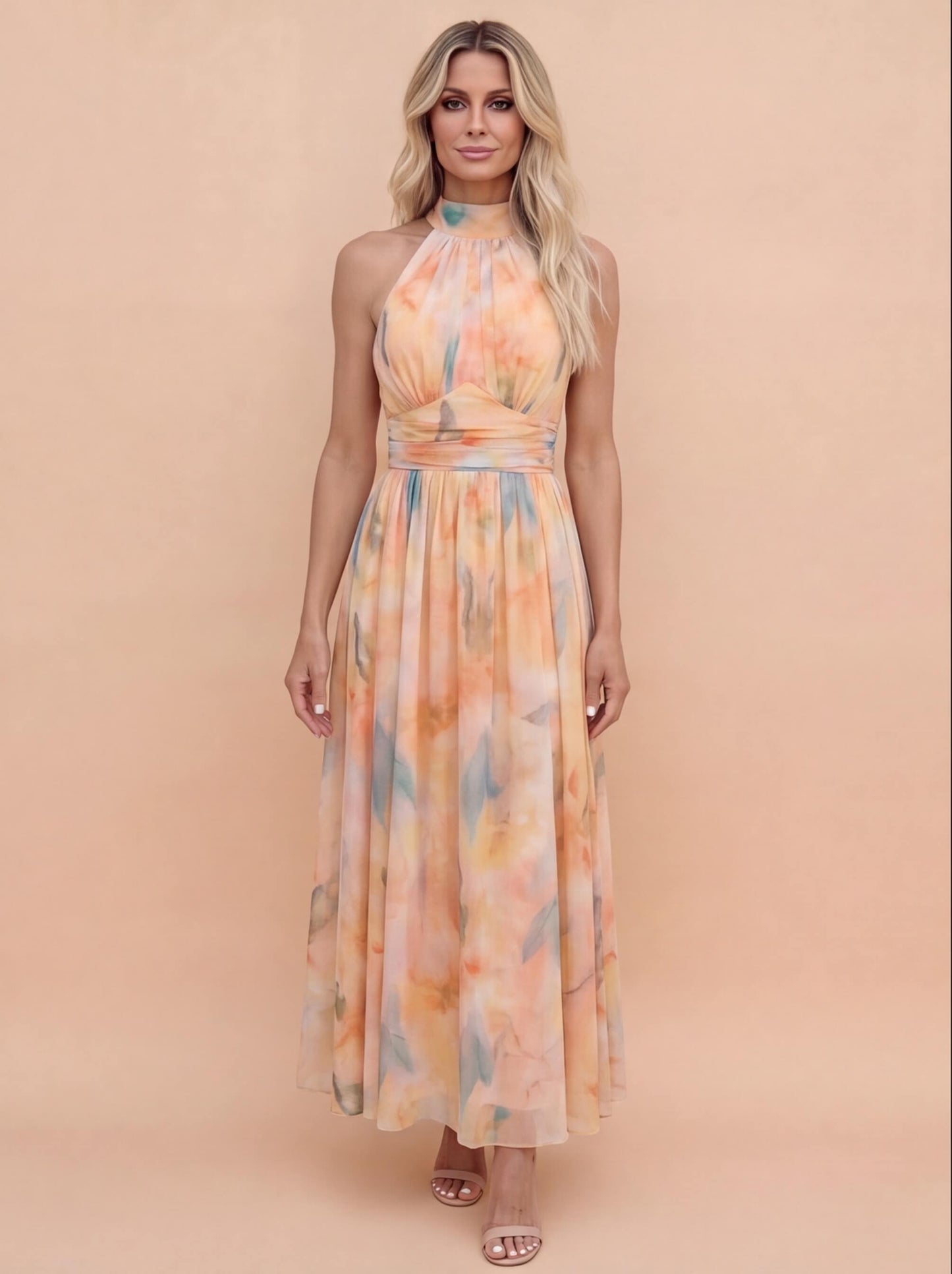 Elegantes Maxikleid für Damen – Luftiges Sommerkleid mit Halterneck & fließendem Fall