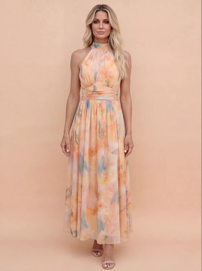 Elegantes Maxikleid für Damen – Luftiges Sommerkleid mit Halterneck & fließendem Fall