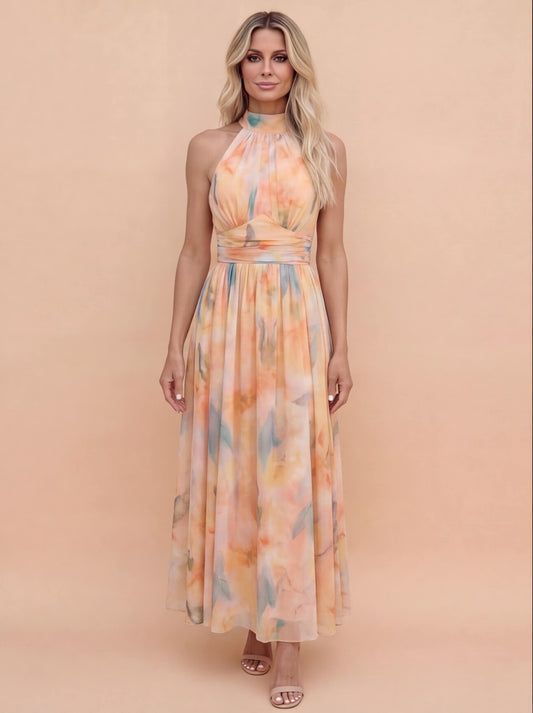 Elegantes Maxikleid für Damen – Luftiges Sommerkleid mit Halterneck & fließendem Fall