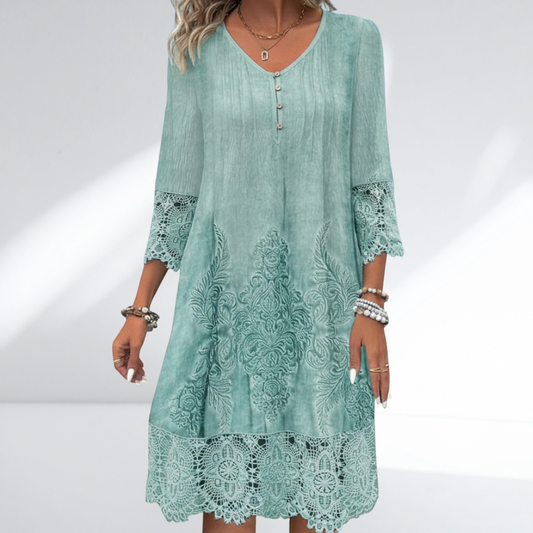 Elegantes Midikleid mit Spitze für Damen – Lockeres Sommerkleid mit V-Ausschnitt & Ornament-Design