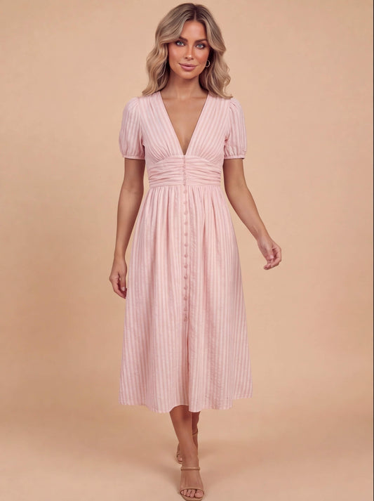 Elegantes Midi Kleid für Damen – Sommerkleid mit V-Ausschnitt, Puffärmeln & figurbetonter Taille