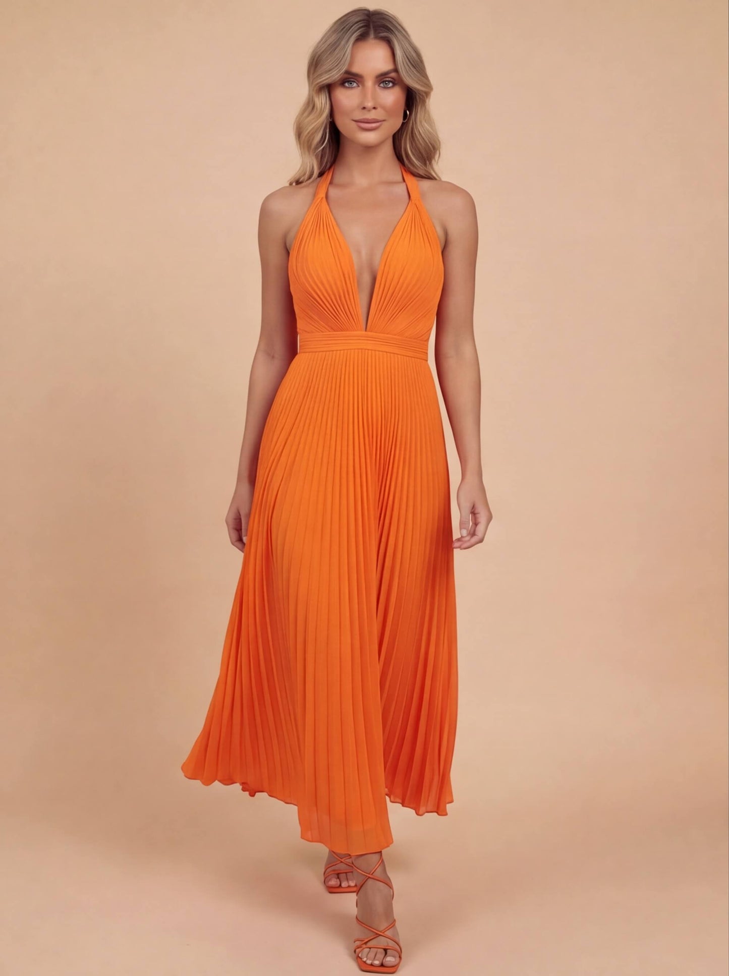 Elegantes Maxikleid für Damen – Plissiertes Abendkleid mit Neckholder & tiefem V-Ausschnitt