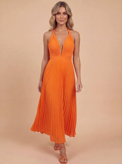 Elegantes Maxikleid für Damen – Plissiertes Abendkleid mit Neckholder & tiefem V-Ausschnitt