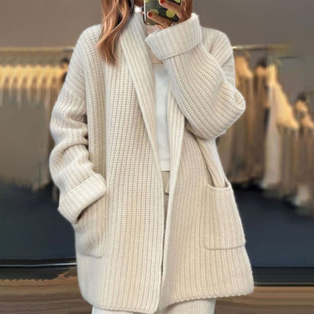 Azurine - Bequemes Midilanges Oversize-Strickgilet für den Frühling mit Taschen