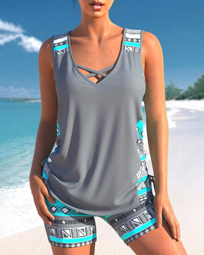 Strand Zweiteiler für Damen – Ärmelloses Tankini Set mit Ethno-Muster & Komfort Shorts