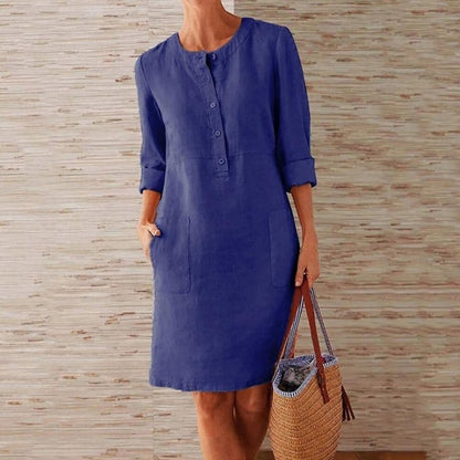 Knopfleisten-Midikleid für Damen – Lockeres Freizeitkleid mit Taschen & 3/4-Ärmeln