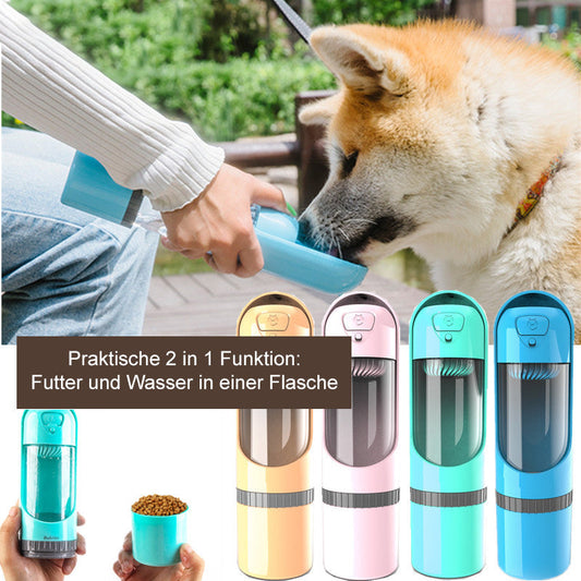 2-in-1 Tragbare Trinkflasche für Hunde – Wasser- & Futterspender für unterwegs