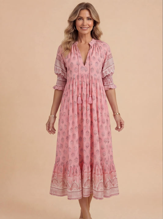 Boho Midikleid mit Print für Damen – Luftiges Sommerkleid mit V-Ausschnitt & Volant-Details