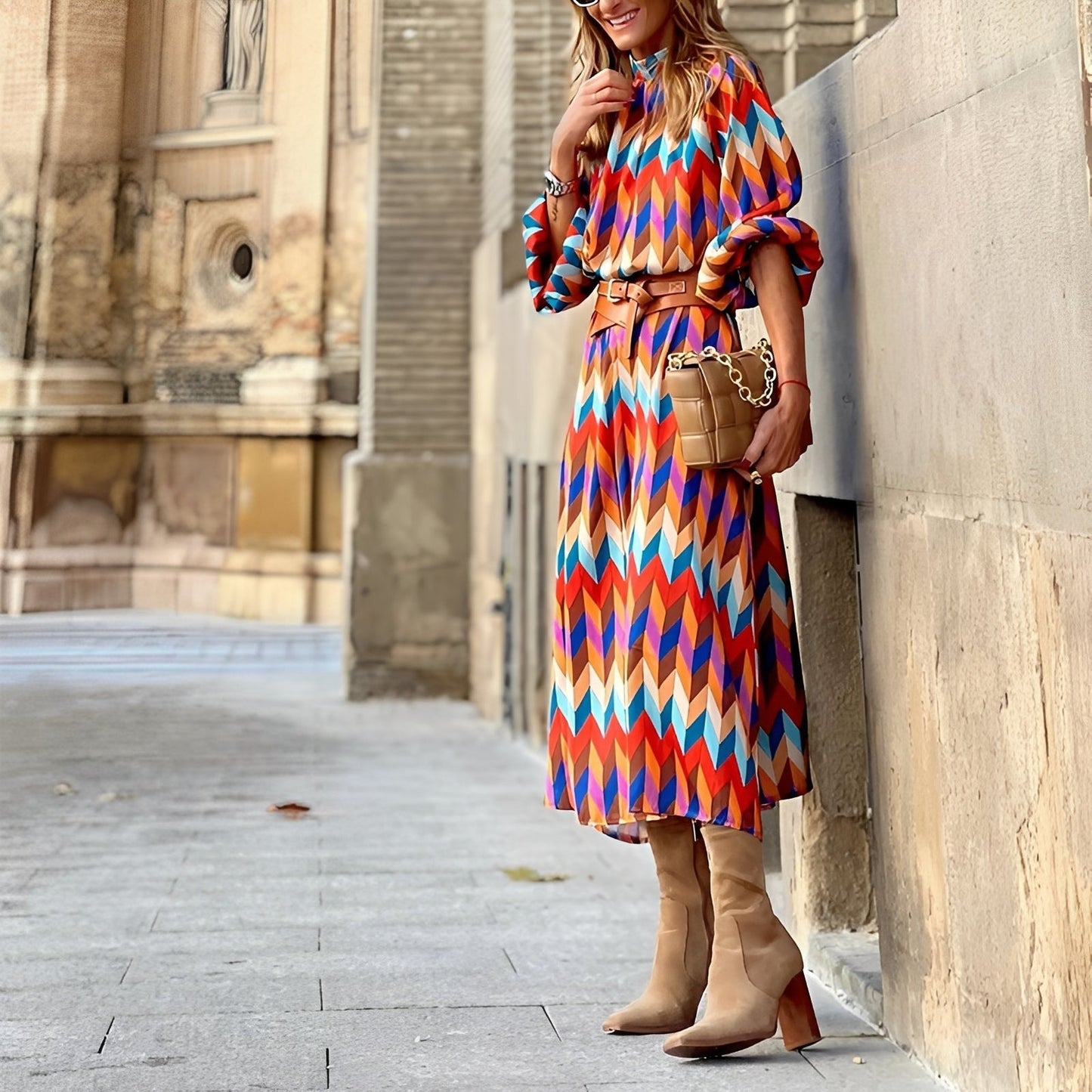 Elviane - Lange Frühlings- und Sommerkleid in lebendigen Farben mit Puffärmeln
