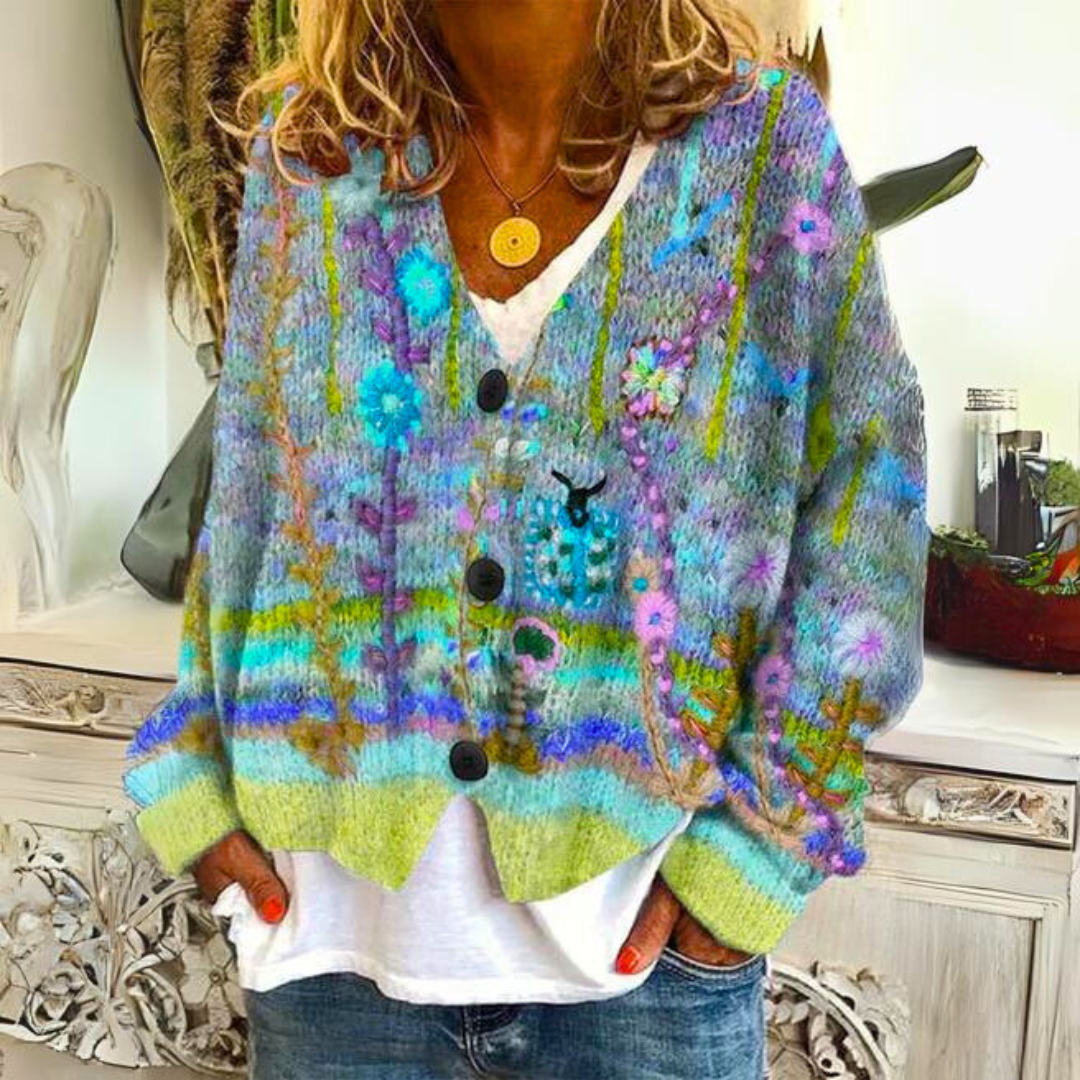 Boho Strickjacke Damen mit buntem Blumenmuster – Weiche V-Ausschnitt Cardigan für stilvolle Alltagslooks