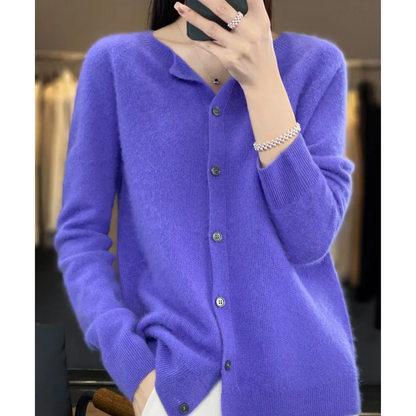 Bérélie - Damen-Cardigan mit Bootsausschnitt aus reiner Merinowolle, Cashmere-Stil, einfarbig
