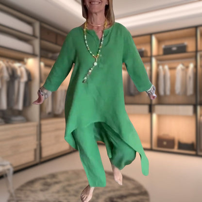 Ambrélya - Damen Zweiteiliges Komfort Ensemble: Hemdblusenkleid mit Halblangen Ärmeln und Bequeme Unifarbene Hose