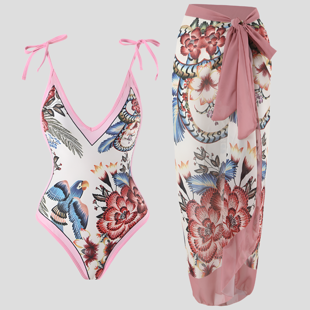 Badeanzug Set mit Pareo – tropischer Print & elegantes Strand-Outfit für Damen
