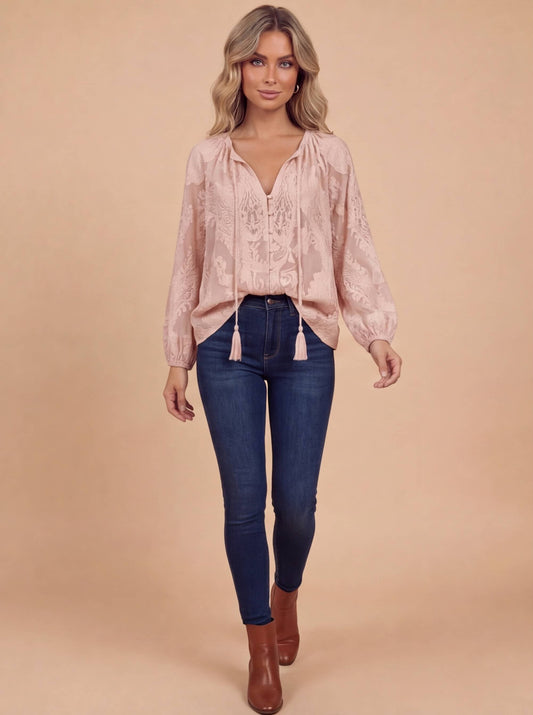 Boho Bluse mit Stickmuster für Damen – Luftige Langarmbluse mit V-Ausschnitt & Quasten