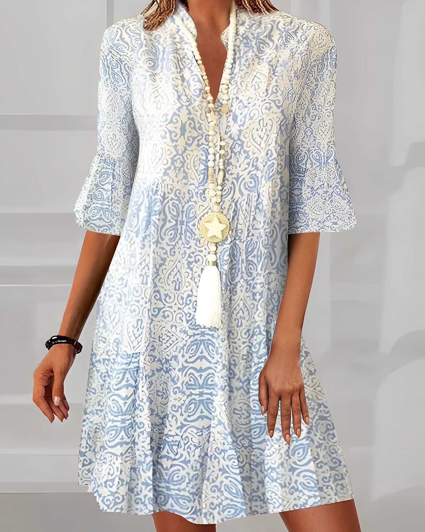 Marielle - Boho-Tunika Kleid mit Druck | Leichte Viskose | Ausgestellte Ärmel