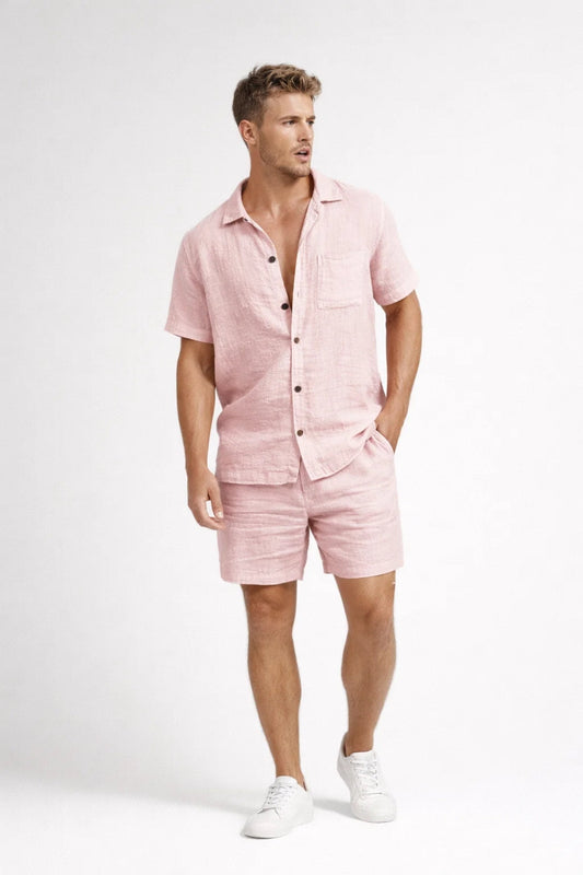 Lässiges Leinen Set mit Kurzarmhemd für Herren – Atmungsaktives zweiteiliges Sommer Outfit