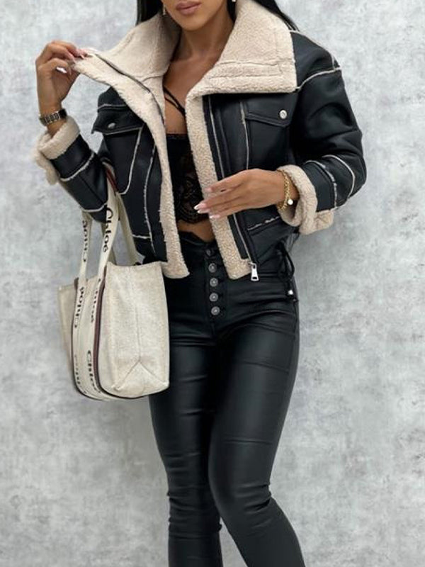 Aubrée - Elegante und Feminine Frühlingsjacke aus Kunstleder mit Plüschfutter, Reißverschlusstaschen und Kragen